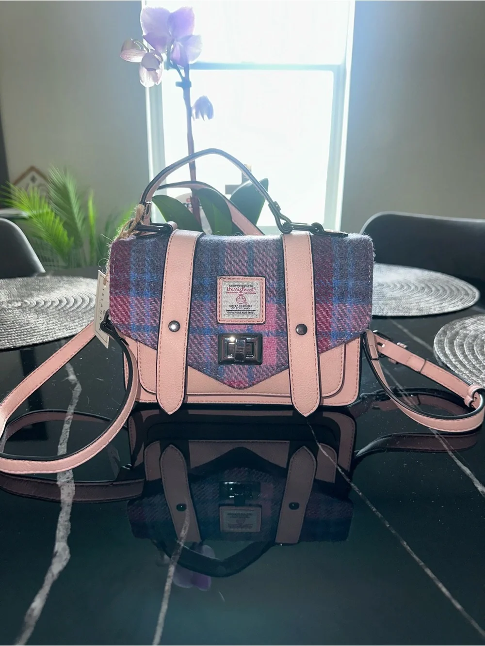 NEW Islander Harris Tweed Pink & Blue Tartan 100% Wool Handwoven Mini Satchel